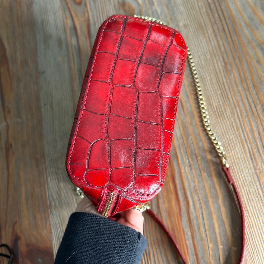Pratesi Firenze Red Croc Embossed Leather Crossbody purse Bag Made in Italy Gold - Picture 9 of 14